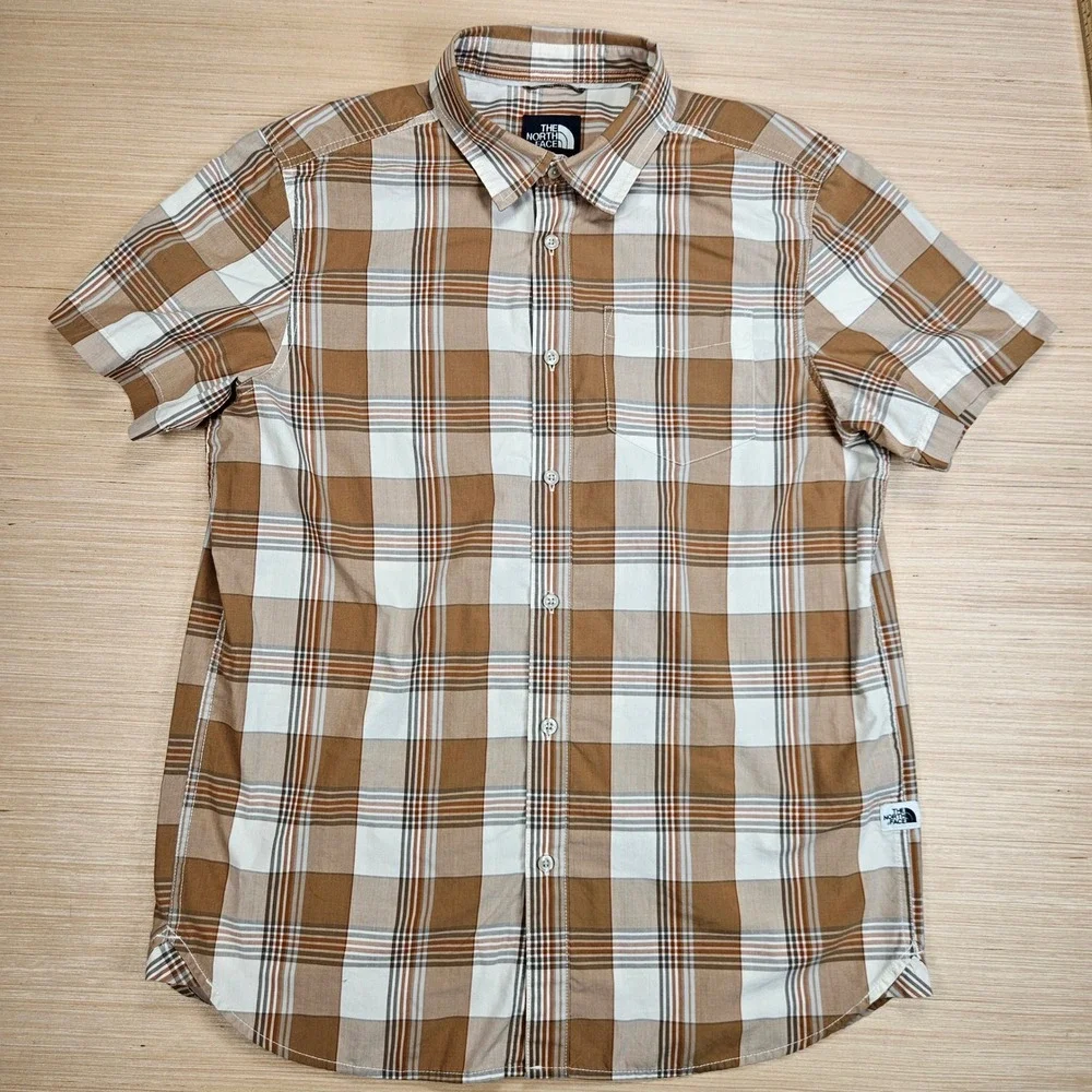 The‎ North Face Button Up Mens L Brown Plaid Short Sleeve Outdoor Hiking Shirt
